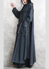 black Winter coat oversized Notched pockets Elegant long sleeve denim patchwork long coats